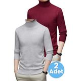 Tezzgelsin 2'li Erkek Tüylenmeyen Boğazlı Triko Kazak Balıkçı Triko Kazak - Gri - Bordo - XL