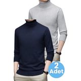 Tezzgelsin 2'li Erkek Tüylenmeyen Boğazlı Triko Kazak Balıkçı Triko Kazak - Lacivert - Gri - XL