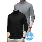 Tezzgelsin 2'li Erkek Tüylenmeyen Boğazlı Triko Kazak Balıkçı Triko Kazak - Siyah - Füme - XL