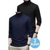 Tezzgelsin 2'li Erkek Tüylenmeyen Boğazlı Triko Kazak Balıkçı Triko Kazak - Siyah - Lacivert - 2XL