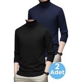 Tezzgelsin 2'li Erkek Tüylenmeyen Boğazlı Triko Kazak Balıkçı Triko Kazak - Siyah - Lacivert - XL