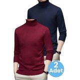 Tezzgelsin 2'li Erkek Tüylenmeyen Boğazlı Triko Kazak Balıkçı Triko Kazak - XL - Bordo-Lacivert