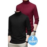 Tezzgelsin 2'li Erkek Tüylenmeyen Boğazlı Triko Kazak Balıkçı Triko Kazak - XL - Bordo-Siyah