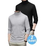 Tezzgelsin 2'li Erkek Tüylenmeyen Boğazlı Triko Kazak Balıkçı Triko Kazak - XL - Gri-Siyah