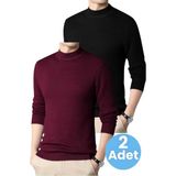 Tezzgelsin 2'li Erkek Tüylenmeyen Yarım Boğazlı Triko Kazak Yarım Balıkçı Triko Kazak - 2XL - Bordo - Siyah