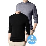 Tezzgelsin 2'li Erkek Tüylenmeyen Yarım Boğazlı Triko Kazak Yarım Balıkçı Triko Kazak - 2XL - Siyah - Füme