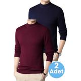 Tezzgelsin 2'li Erkek Tüylenmeyen Yarım Boğazlı Triko Kazak Yarım Balıkçı Triko Kazak - Bordo - Lacivert