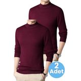 Tezzgelsin 2'li Erkek Tüylenmeyen Yarım Boğazlı Triko Kazak Yarım Balıkçı Triko Kazak - XL - Bordo - Bordo