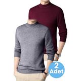 Tezzgelsin 2'li Erkek Tüylenmeyen Yarım Boğazlı Triko Kazak Yarım Balıkçı Triko Kazak - XL - Füme - Bordo