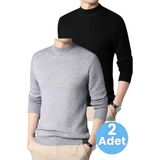 Tezzgelsin 2'li Erkek Tüylenmeyen Yarım Boğazlı Triko Kazak Yarım Balıkçı Triko Kazak - XL - Gri - Siyah