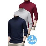 Tezzgelsin 3'lü Erkek Tüylenmeyen Boğazlı Triko Kazak Balıkçı Triko Kazak - Bordo - Gri - Lacivert - XL