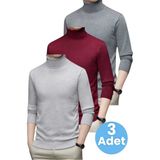 Tezzgelsin 3'lü Erkek Tüylenmeyen Boğazlı Triko Kazak Balıkçı Triko Kazak - Füme - Bordo - Gri - XL