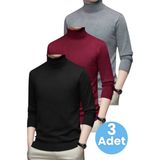 Tezzgelsin 3'lü Erkek Tüylenmeyen Boğazlı Triko Kazak Balıkçı Triko Kazak - Füme - Bordo - Siyah - 2XL