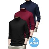 Tezzgelsin 3'lü Erkek Tüylenmeyen Boğazlı Triko Kazak Balıkçı Triko Kazak - Lacivert - Bordo - Siyah - 2XL