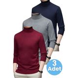 Tezzgelsin 3'lü Erkek Tüylenmeyen Boğazlı Triko Kazak Balıkçı Triko Kazak - Lacivert - Füme - Bordo - 2XL