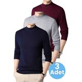 Tezzgelsin 3'lü Erkek Tüylenmeyen Yarım Boğazlı Triko Kazak Yarım Balıkçı Triko Kazak - Lacivert - Gri - Bordo