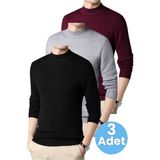 Tezzgelsin 3'lü Erkek Tüylenmeyen Yarım Boğazlı Triko Kazak Yarım Balıkçı Triko Kazak - Siyah - Gri - Bordo