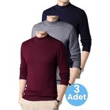Tezzgelsin 3'lü Erkek Tüylenmeyen Yarım Boğazlı Triko Kazak Yarım Balıkçı Triko Kazak - XL - Bordo - Füme - Lacivert