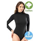 Tezzgelsin Kadın 3'lü Boğazlı Uzun Kol Çıtçıtlı Body