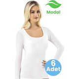 Tezzgelsin Kadın 6'lı Kare Yaka Uzun Kol Kaşkorse Pedli Modal Atlet - Beyaz - 2XL