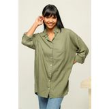 TF The Fancy For You Fancy Kadın %100 Pamuklu Kol Katlamalı Apoletli Bol Kesim Oversize Basic Keten Gömlek Haki