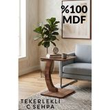 T&H C Sehpa Dikdörtgen Ceviz, Tekerlekli Yan Sehpa, %100 Mdf Yan Sehpa