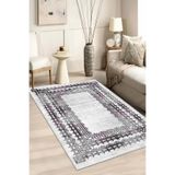 Thalia Home Mürdüm-Gri Renk Kale desen Kaymaz Taban Yıkanabilir Baskılı Halı Yolluk