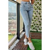The Bark Kadın Mom Jean Pantolon 4074-830 Önden Yırtmaçlı Açık Mavi Dar Paça Günlük Stil - 44