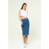 THE BARK Ucu Püsküllü Denim Kalem Etek Mavi 1173