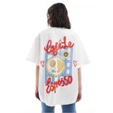 The Champ Clothing Kadın Beyaz Oversize Yazlık Tişört – Cafe Latte Espresso Kahve Temalı Ön Arka Baskılı Rahat Kalıp