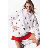 The Champ Clothing Kadın Oversize Hoodie Cherry Pop Baskılı Beyaz – Kapüşonlu, Kanguru Cepli, 3 İplik Şardonlu Polar