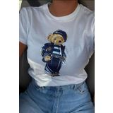 The Champ Clothing Kadın Oversize Lacivert Denizci Ayıcık Baskılı Beyaz Tişört