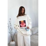 The Champ Clothing Kadın Oversize Sweat Elbise Beyaz - 3 İplik Şardonlu , Bisiklet Yaka, Pantone - prenses baskılı
