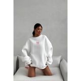 The Champ Clothing Kadın Oversize Sweat Elbise Pembe Kurdele Baskılı Beyaz – Bisiklet Yaka, 3 İplik Şardonlu Polar