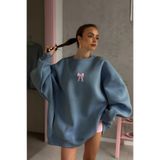 The Champ Clothing Kadın Oversize Sweat Elbise Pembe Kurdele Baskılı Marine – Bisiklet Yaka, 3 İplik Şardonlu Polar