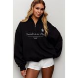 The Champ Clothing Kadın Oversize Sweatshirt Castelló de la Plana Baskılı Siyah – Yarım Fermuarlı, 3 İplik Polar