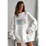 The Champ Clothing Kadın Oversize Sweatshirt Elbise Anxiety Bar Baskılı Beyaz – Bisiklet Yaka, 3 İplik Şardonlu Polar