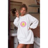 The Champ Clothing Kadın Oversize Sweatshirt Elbise Dangerous Chick Baskılı Beyaz – Uzun Boy, 3 İplik Şardonlu Polar