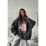 The Champ Clothing Kadın Oversize Sweatshirt Elbise Grinch Mode Baskılı Füme Melanj – Bisiklet Yaka, 3 İplik Polar