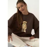 The Champ Clothing Kadın Oversize Sweatshirt Gentleman Bear 3D Baskılı Kahverengi – Bisiklet Yaka, 3 İplik Şardonlu