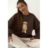The Champ Clothing Kadın Oversize Sweatshirt, Gentleman Bear 3D Baskılı, Kahverengi, Bisiklet Yaka, XS