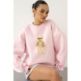 The Champ Clothing Kadın Oversize Sweatshirt Gentleman Bear 3D Baskılı Pembe – Bisiklet Yaka, 3 İplik Şardonlu