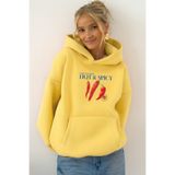 The Champ Clothing Kadın Oversize Sweatshirt Hoodie Hot & Spicy Baskılı Sarı – Kapüşonlu, 3 İplik Şardonlu Polar