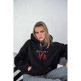 The Champ Clothing Kadın Oversize Sweatshirt Hoodie Hot & Spicy Baskılı Siyah – Kapüşonlu, Kanguru Cep, 3 İplik