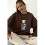 The Champ Clothing Kadın Oversize Sweatshirt, Ivy Bear 3D Baskılı, Bisiklet Yaka, Kahverengi, XL