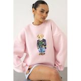 The Champ Clothing Kadın Oversize Sweatshirt, Ivy Bear 3D Baskılı, Pembe, 2XL Beden