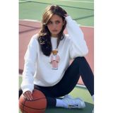 The Champ Clothing Kadın Oversize Sweatshirt, Pink Suit Bear 3D Baskılı, Beyaz, Bisiklet Yaka, XL