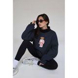 The Champ Clothing Kadın Oversize Sweatshirt, Pink Suit Bear 3D Baskılı, Lacivert, Bisiklet Yaka, L Beden