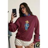 The Champ Clothing Kadın Oversize Sweatshirt, Ranch Bear 3D Baskılı, Bordo, Bisiklet Yaka, 2XL