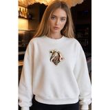 The Champ Clothing Kadın Oversize Sweatshirt, Royal Card Baskılı, Bisiklet Yaka, 3 İplik Şardonlu Polar, Beyaz, 2XL